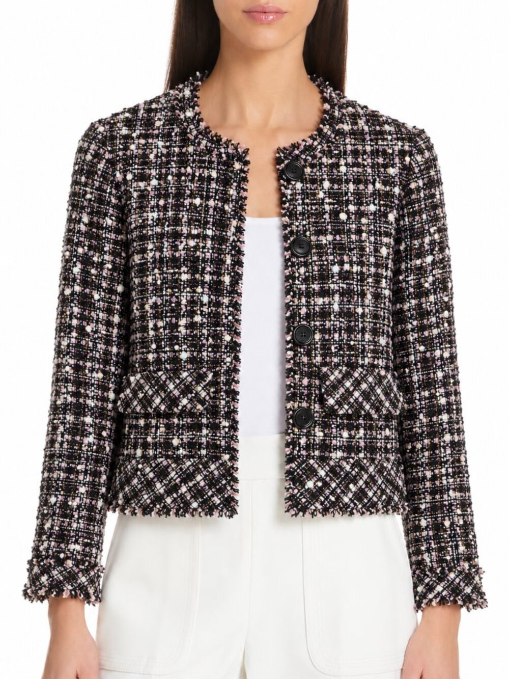 Ann Taylor Cropped Fringe Tweed Blazer 4 Button Multicolor NWOT